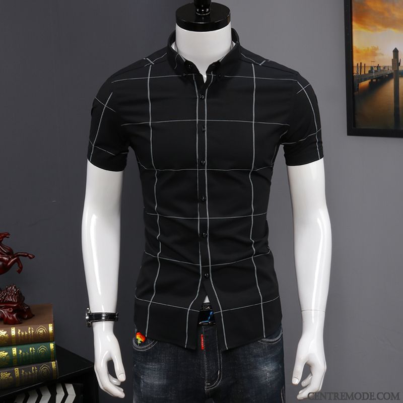 Chemises Homme Marque De Tendance Slim Courte Décontractée Été Beau Impression Blanc