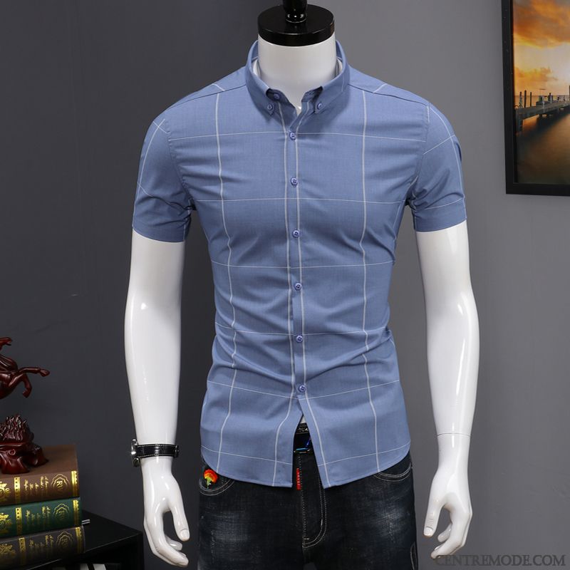 Chemises Homme Marque De Tendance Slim Courte Décontractée Été Beau Impression Blanc