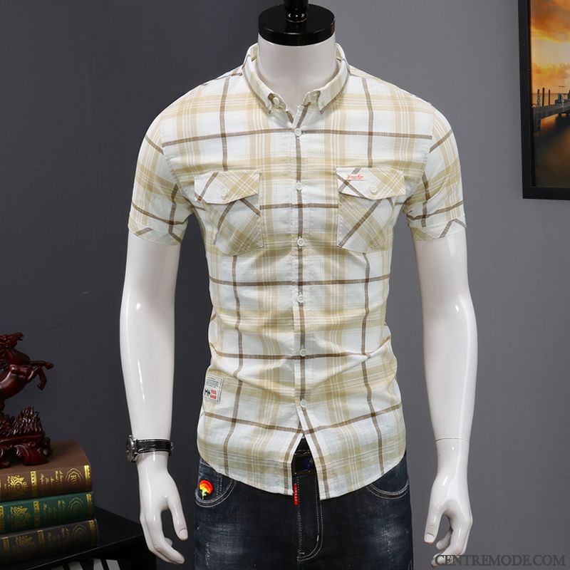 Chemises Homme Marque De Tendance Slim Matelassé Beau Courte Décontractée Bleu