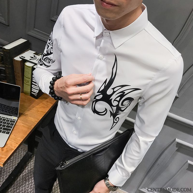 Chemises Homme Personnalité Longues Mode Printemps Tendance Impression Blanc