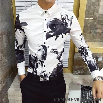 Chemises Homme Printemps Slim Tendance Fleur Longues Impression Blanc