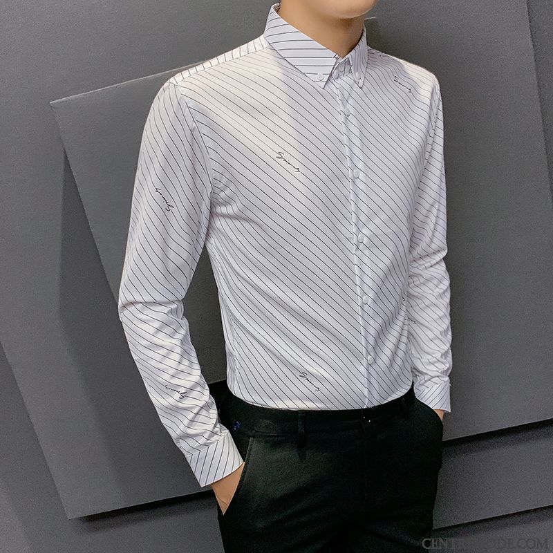 Chemises Homme Rayé Beau Longues Tendance Une Veste Slim Impression Blanc