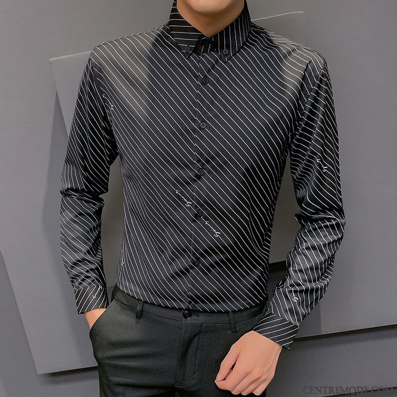 Chemises Homme Rayé Beau Longues Tendance Une Veste Slim Impression Blanc