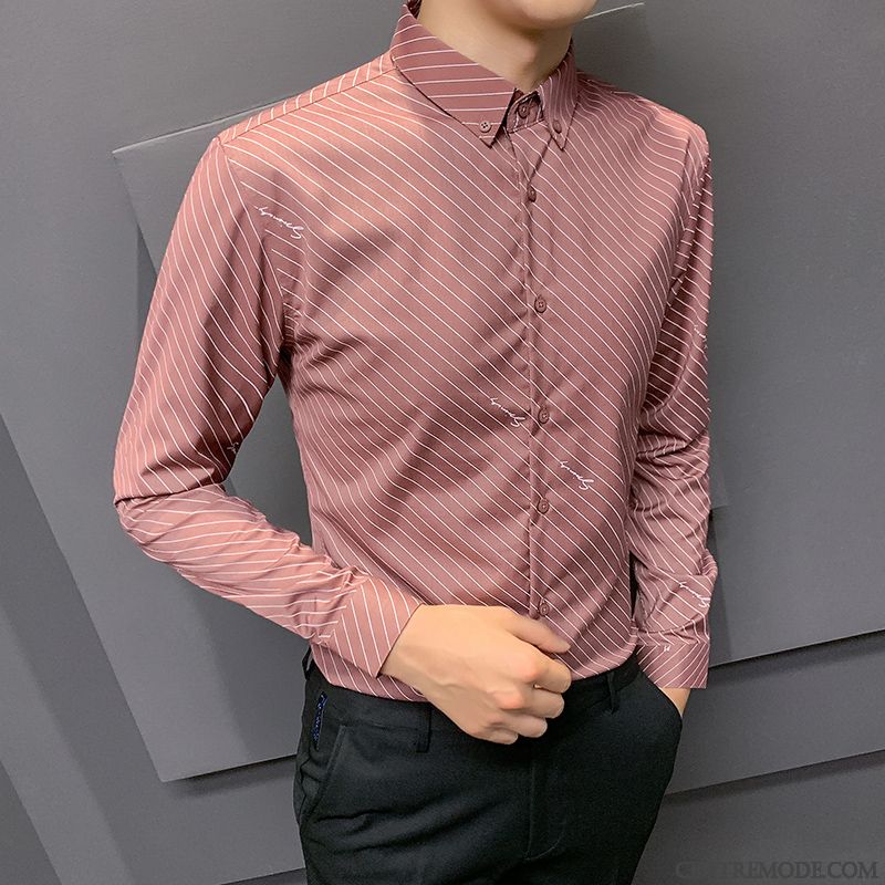 Chemises Homme Rayé Beau Longues Tendance Une Veste Slim Impression Blanc