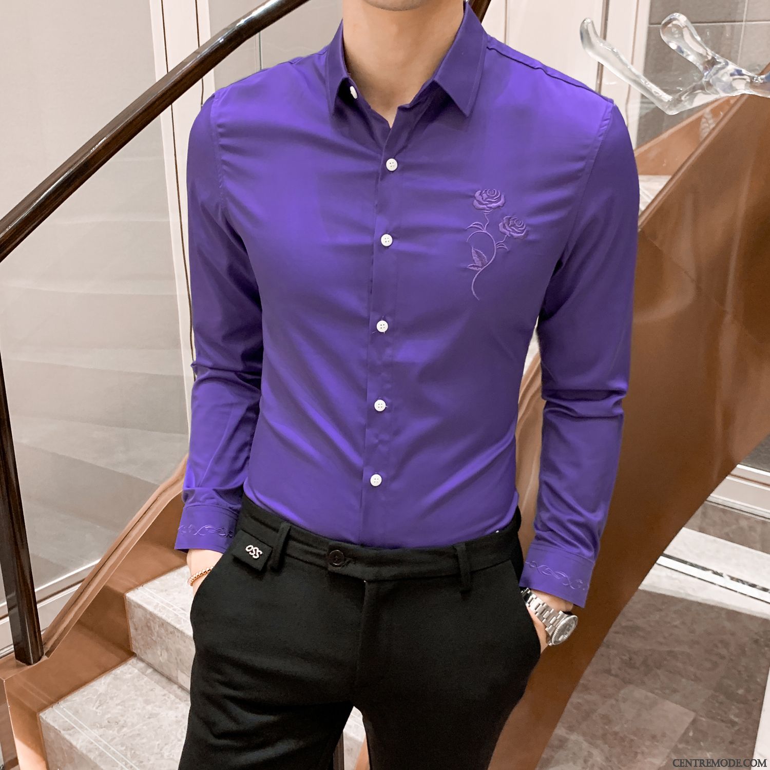 Chemises Homme Slim Longues Broderie L'automne Tendance Personnalité Rose Violet