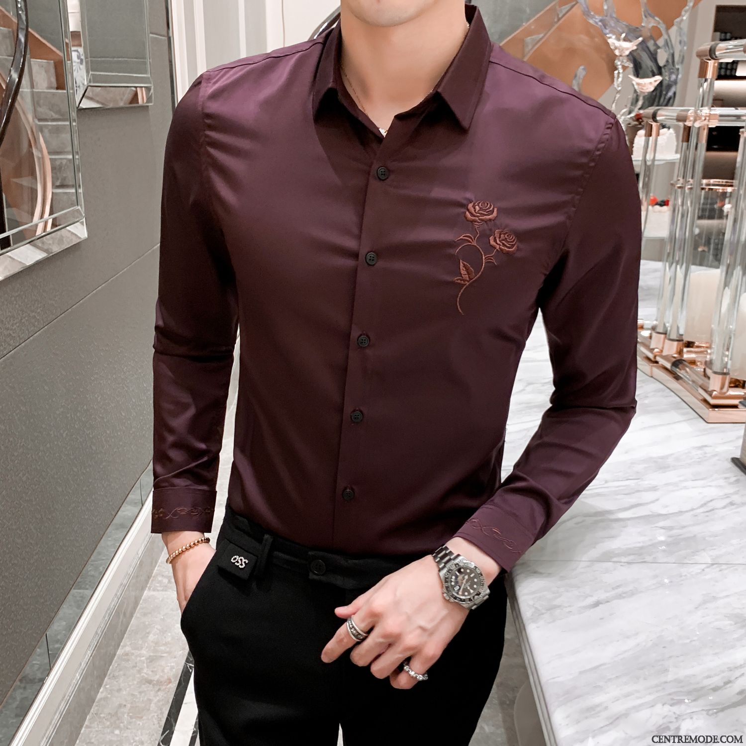 Chemises Homme Slim Longues Broderie L'automne Tendance Personnalité Rose Violet