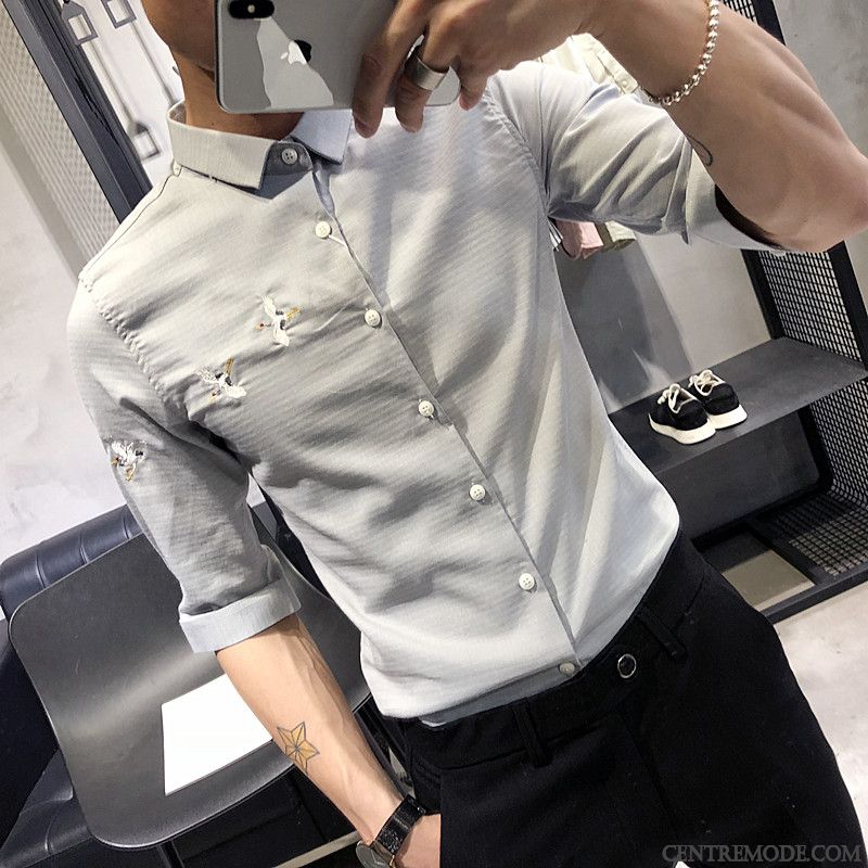 Chemises Homme Slim Tendance Courte Beau Demi Manche Broderie Blanc Rouge