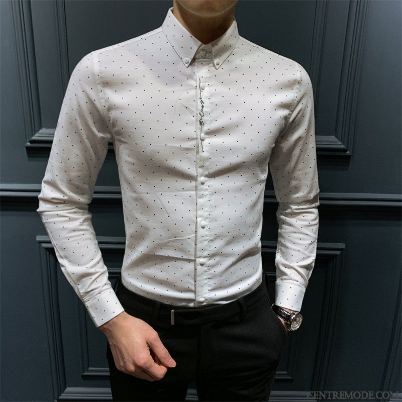 Chemises Homme Slim Tendance L'automne Points Beau Longues Blanc