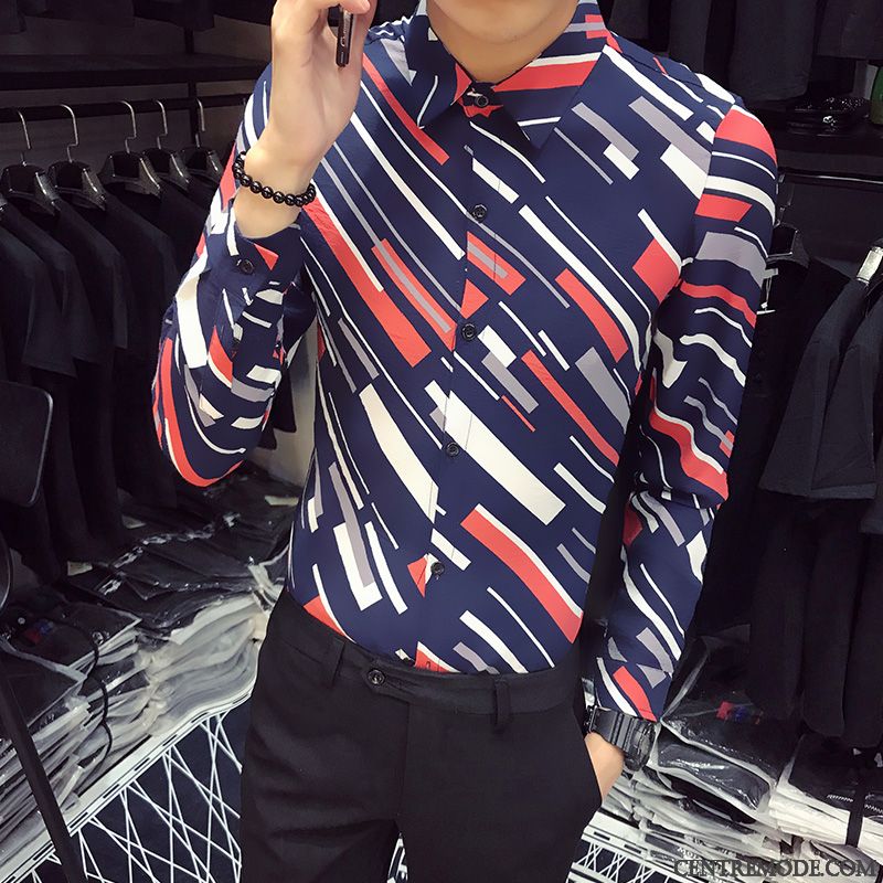 Chemises Homme Tendance Longues Slim Les Adolescents Rayé Impression Bleu