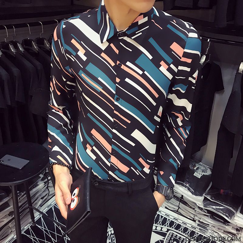 Chemises Homme Tendance Longues Slim Les Adolescents Rayé Impression Bleu