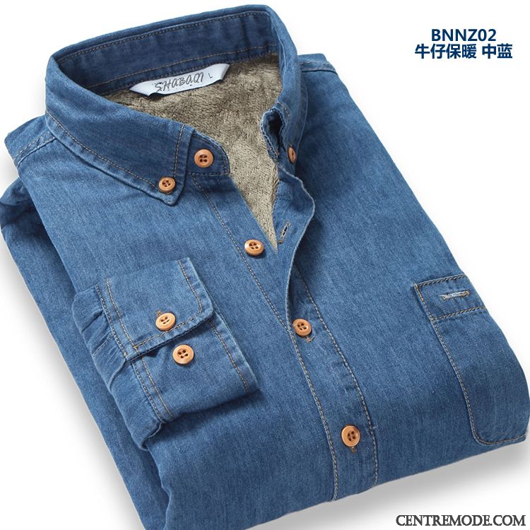 Chemises Homme Épaissir Chauds Longues L'automne Décontractée Plus De Velours Bleu Noir