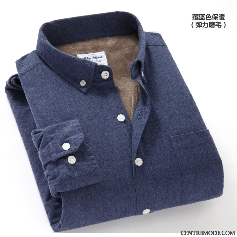 Chemises Homme Épaissir Chauds Longues L'automne Décontractée Plus De Velours Bleu Noir