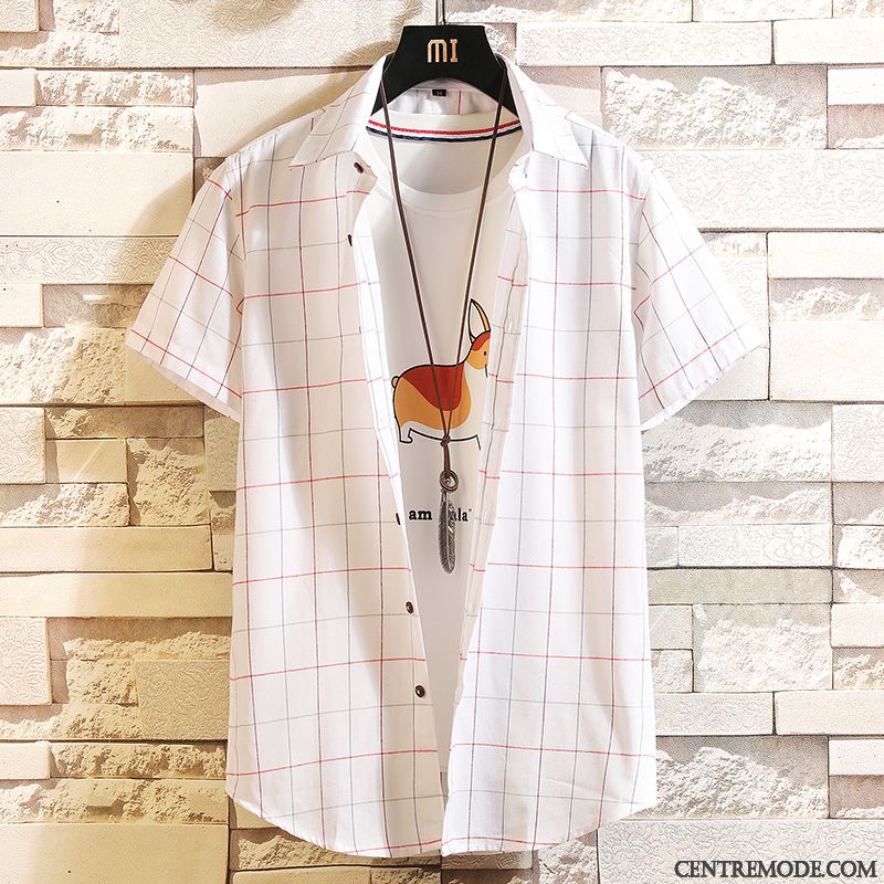 Chemises Homme Étudiant Slim Carreaux Chemisette Mince Tendance Rose