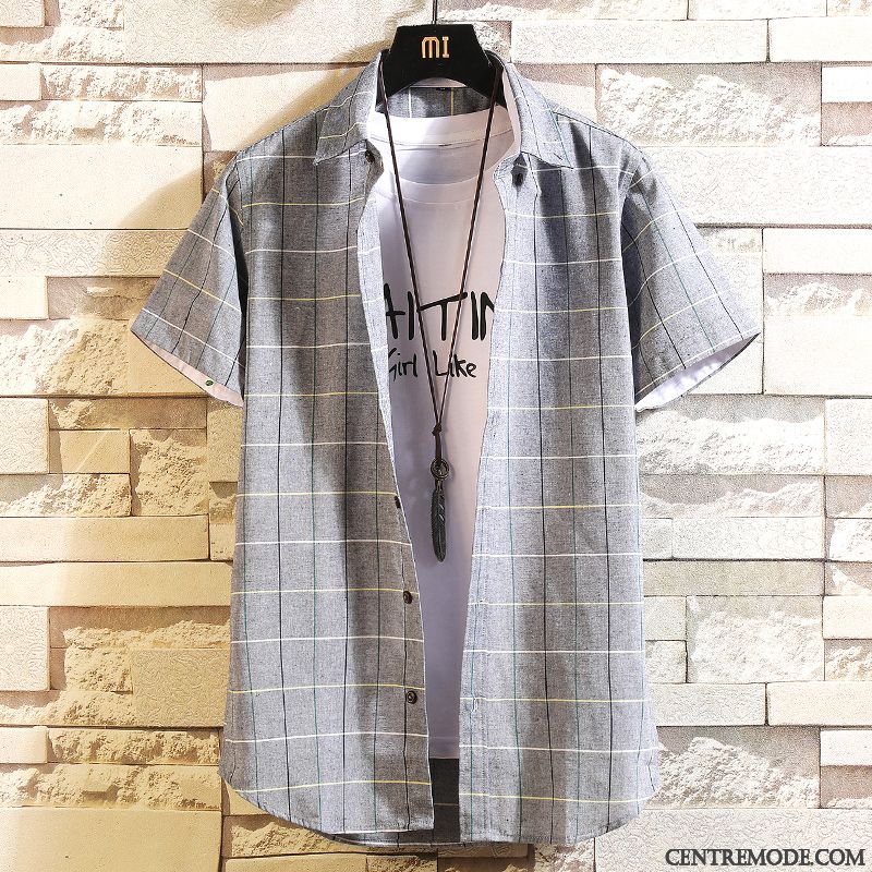 Chemises Homme Étudiant Slim Carreaux Chemisette Mince Tendance Rose