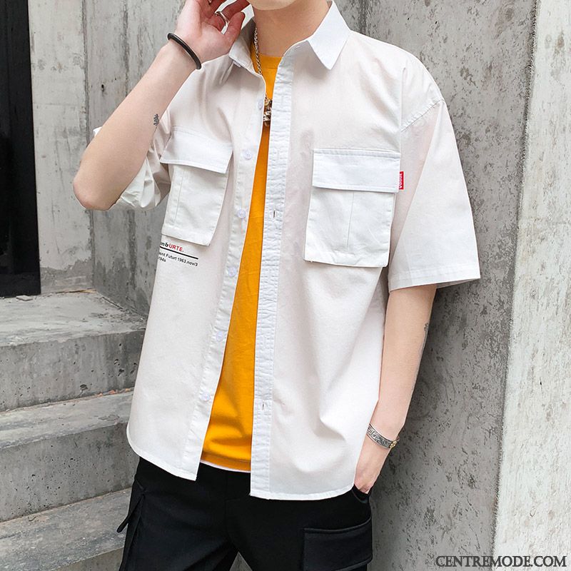 Chemises Homme Été Manche Courte Tendance Beau Étudiant Blanc