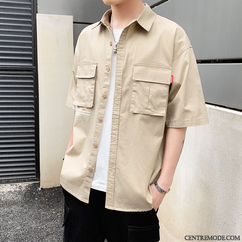 Chemises Homme Été Manche Courte Tendance Beau Étudiant Blanc