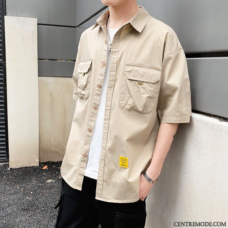 Chemises Homme Été Manche Courte Tendance Beau Étudiant Blanc