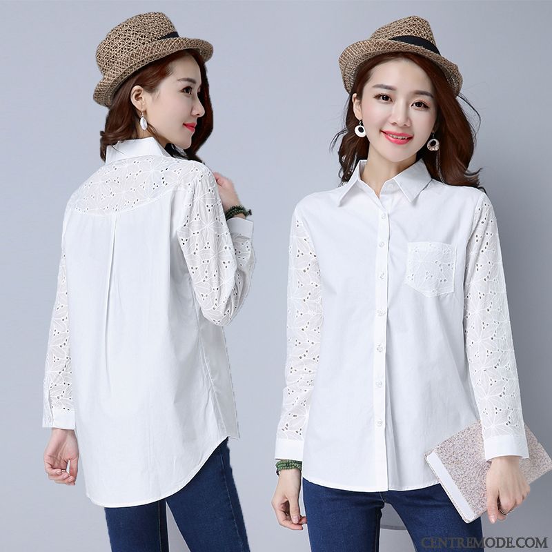 Chemisiers Femme Chemise Grande Taille Longue Mince Tendance Chemise En Bas Blanc Noir