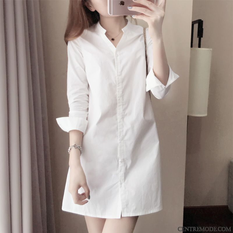Chemisiers Femme Chemise Grande Taille Longue Mince Tendance Chemise En Bas Blanc Noir