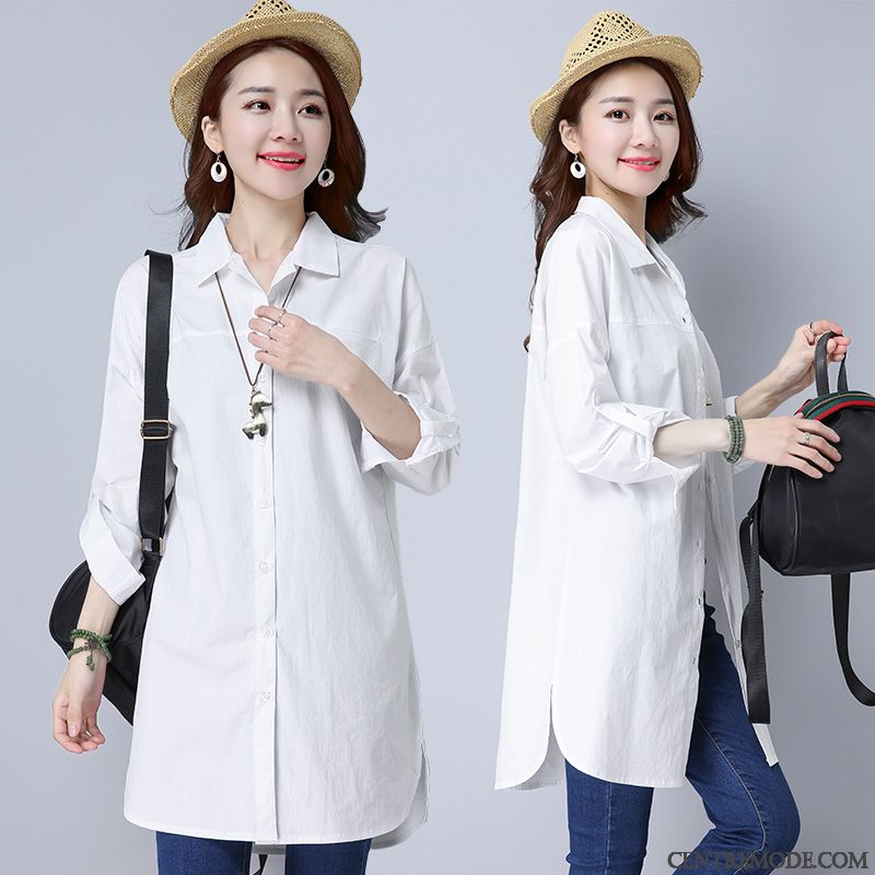 Chemisiers Femme Chemise Grande Taille Longue Mince Tendance Chemise En Bas Blanc Noir