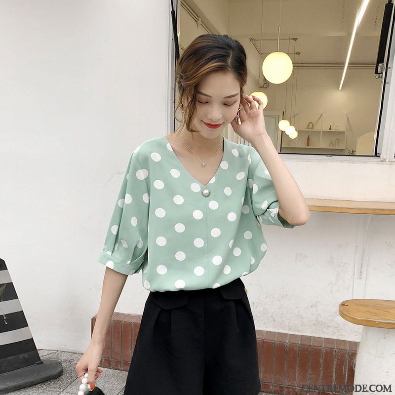 Chemisiers Femme Col V Courte Mode Baggy Une Veste Mousseline De Soie Vert