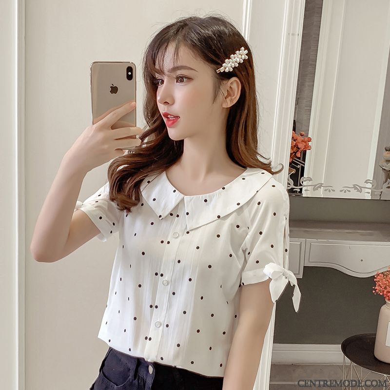 Chemisiers Femme Courte Laçage Été Chemise En Bas Mousseline De Soie Ultra Bleu
