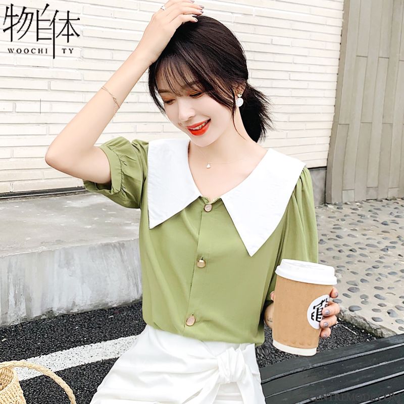 Chemisiers Femme Courte Ultra Été Mousseline De Soie Tendance Bétail Vert