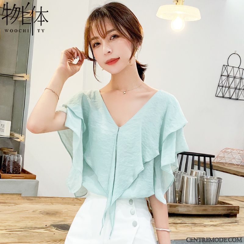 Chemisiers Femme Courte Ultra Été Mousseline De Soie Tendance Bétail Vert