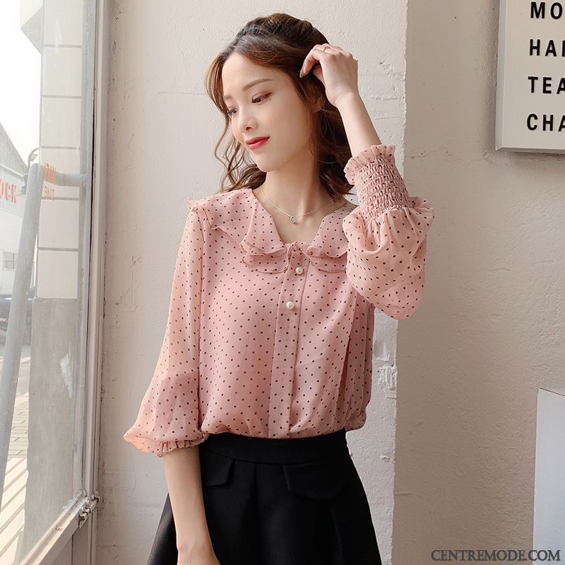 Chemisiers Femme Courte Ultra Été Mousseline De Soie Une Veste Point D'onde Rose