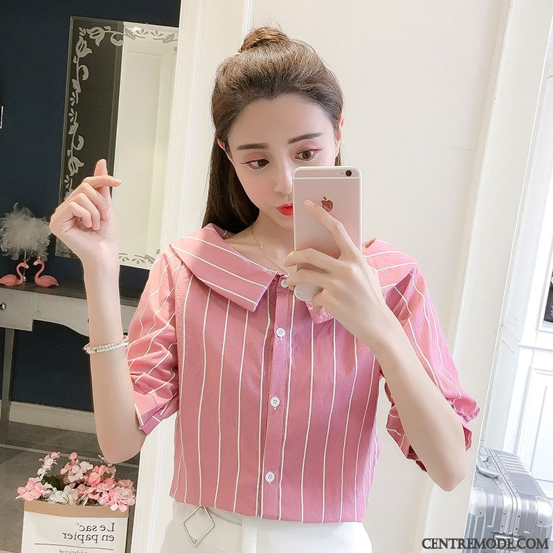 Chemisiers Femme Courte Épissure Chemise Tendance Doux Bouton À Une Rangée Rose