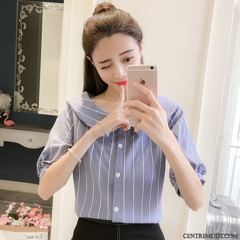 Chemisiers Femme Courte Épissure Chemise Tendance Doux Bouton À Une Rangée Rose