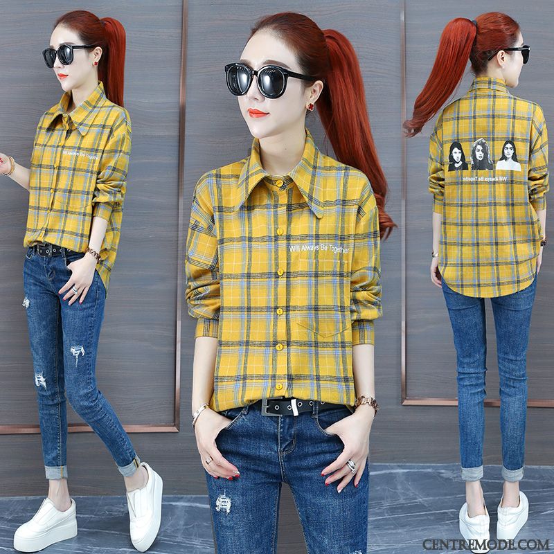 Chemisiers Femme Décontractée Chemise L'automne Tendance Carreaux Longues Jaune