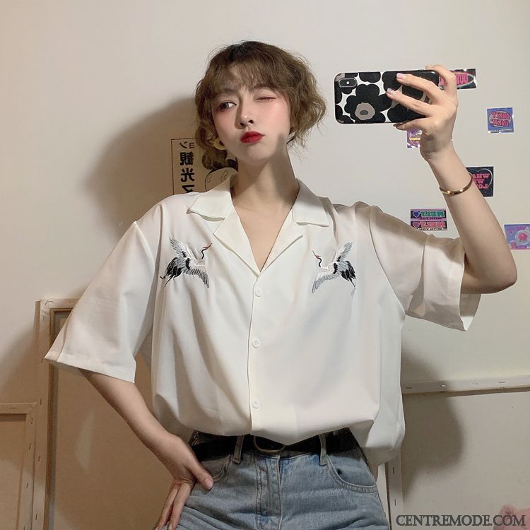 Chemisiers Femme Désign Courte Étudiant Tempérament Chemise Broderie
