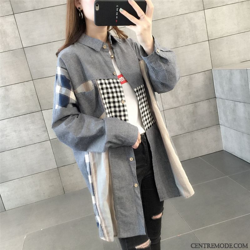 Chemisiers Femme L'automne Longues Chemise Une Veste Manteau Carreaux Blanc