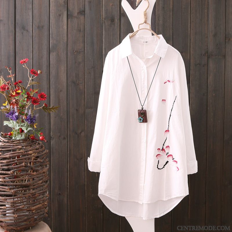 Chemisiers Femme Longues Chemise En Bas Broderie Art Printemps L'automne Blanc