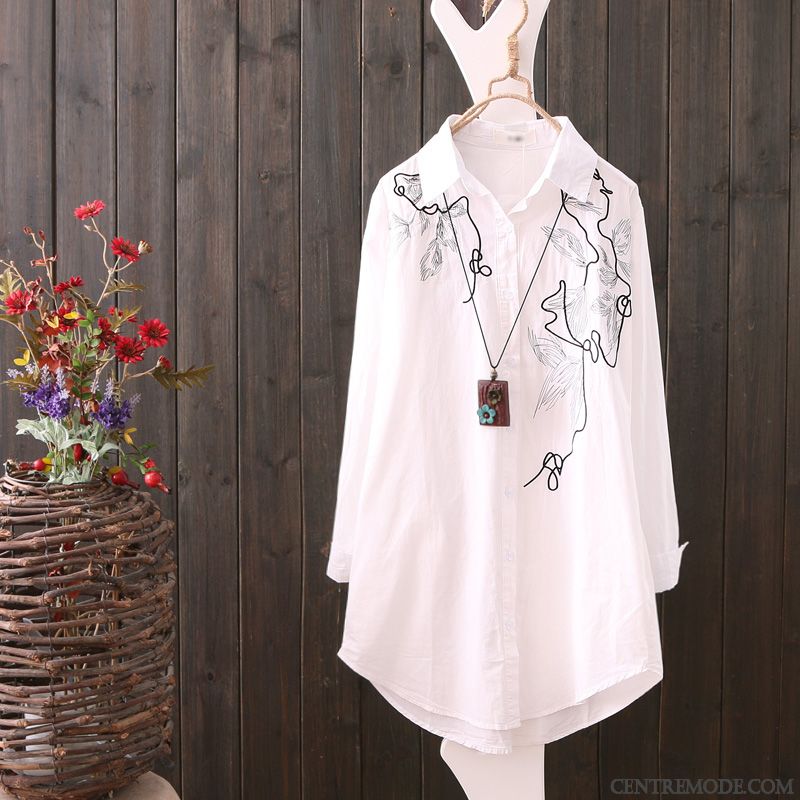 Chemisiers Femme Longues Chemise En Bas Broderie Art Printemps L'automne Blanc