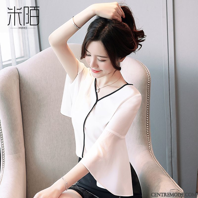 Chemisiers Femme Mousseline De Soie Courte Dame Tempérament Été Tendance Noir