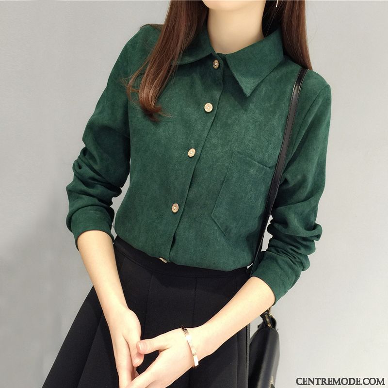 Chemisiers Femme Printemps Une Veste Velours Côtelé Baggy Chemise Longues Vert Foncé Pure