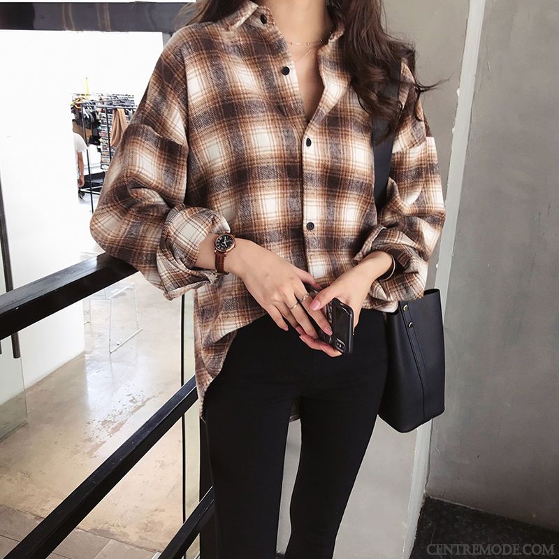 Chemisiers Femme Rétro L'automne Baggy Manteau Longues Chemise Marron