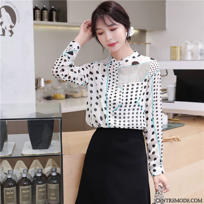 Chemisiers Femme Rétro L'automne Col Mandarin Longues Mousseline De Soie Point D'onde Rose