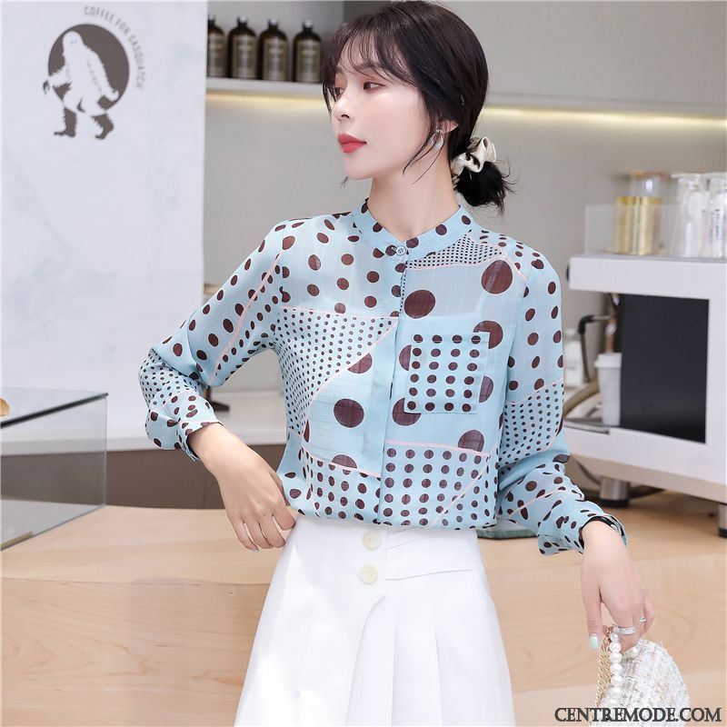 Chemisiers Femme Rétro L'automne Col Mandarin Longues Mousseline De Soie Point D'onde Rose
