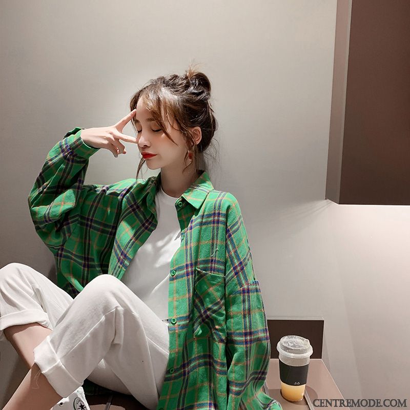 Chemisiers Femme Tendance Désign L'automne Carreaux Chemise Une Veste Vert