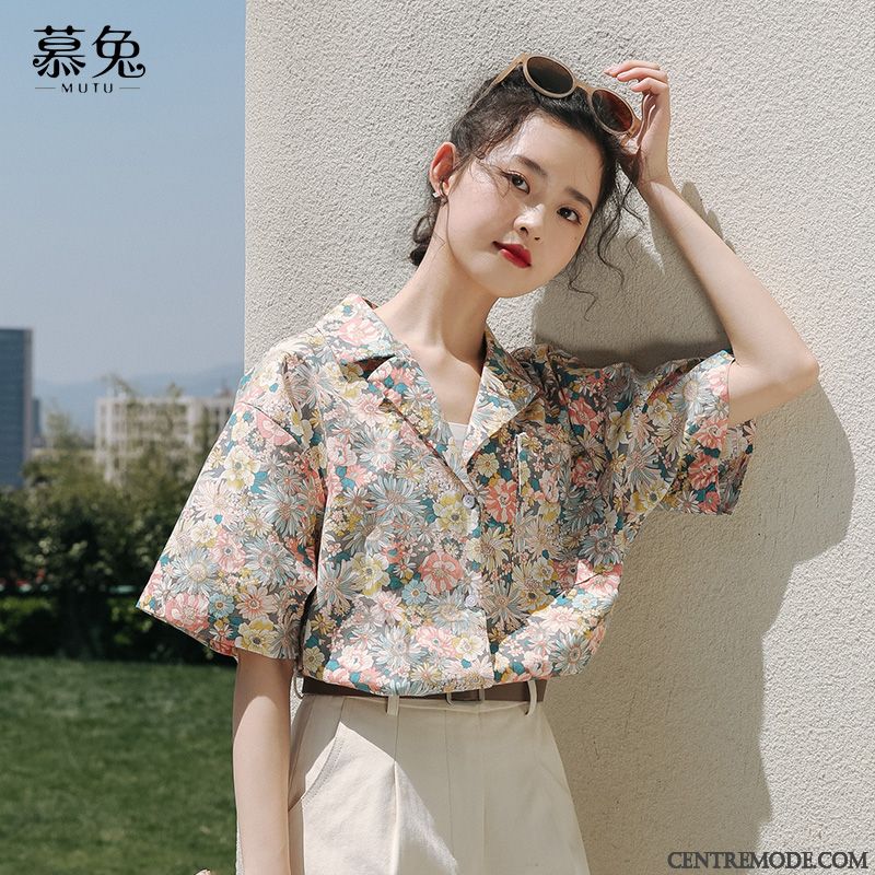 Chemisiers Femme Une Veste Fille Lin Baggy Floral Été Bleu