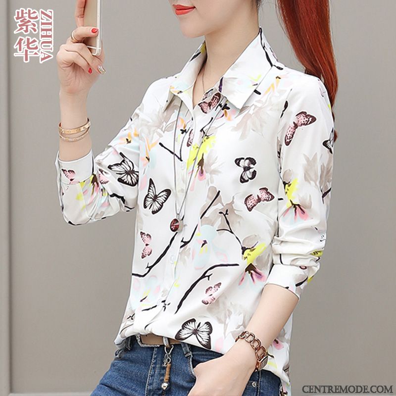 Chemisiers Femme Une Veste Floral Longues Mousseline De Soie Mode Rouge