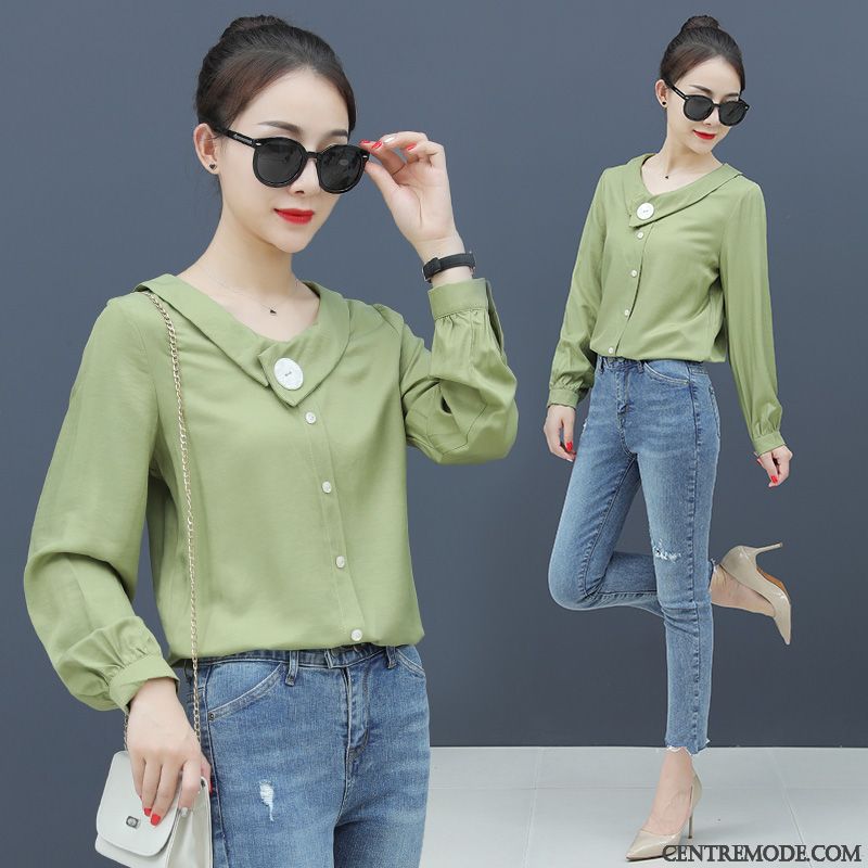 Chemisiers Femme Une Veste L'automne Longues Rétro Chemise Désign Blanc Vert