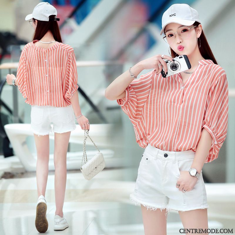 Chemisiers Femme Une Veste Tempérament Mode Rayé Ultra Courte Rose