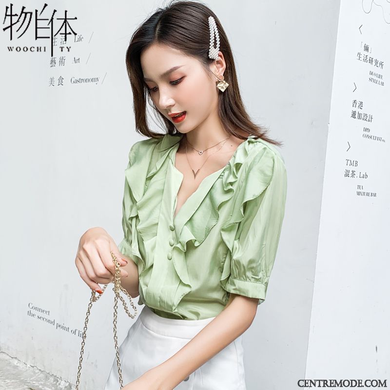 Chemisiers Femme Été Doux Mousseline De Soie Tendance Courte Mode Bleu