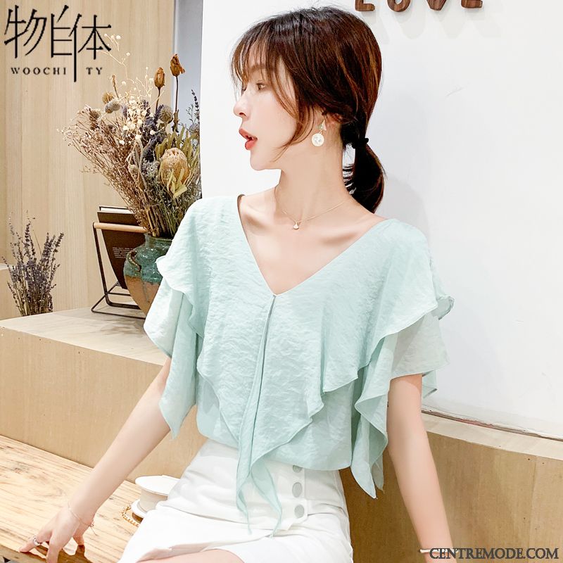 Chemisiers Femme Été Doux Mousseline De Soie Tendance Courte Mode Bleu