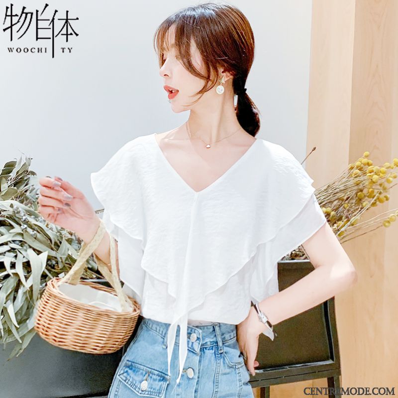 Chemisiers Femme Été Doux Mousseline De Soie Tendance Courte Mode Bleu