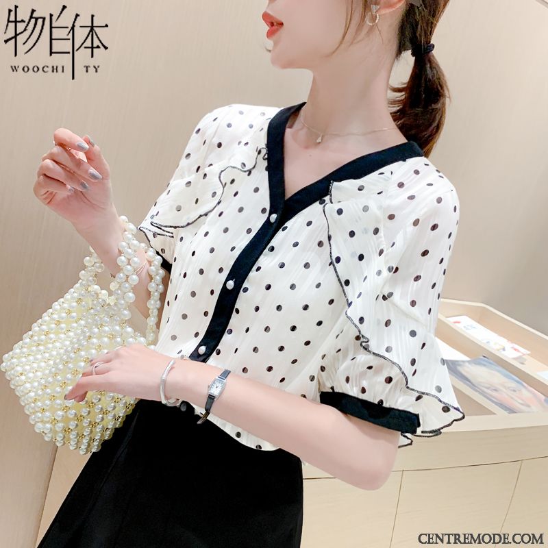 Chemisiers Femme Été Doux Mousseline De Soie Tendance Courte Mode Bleu